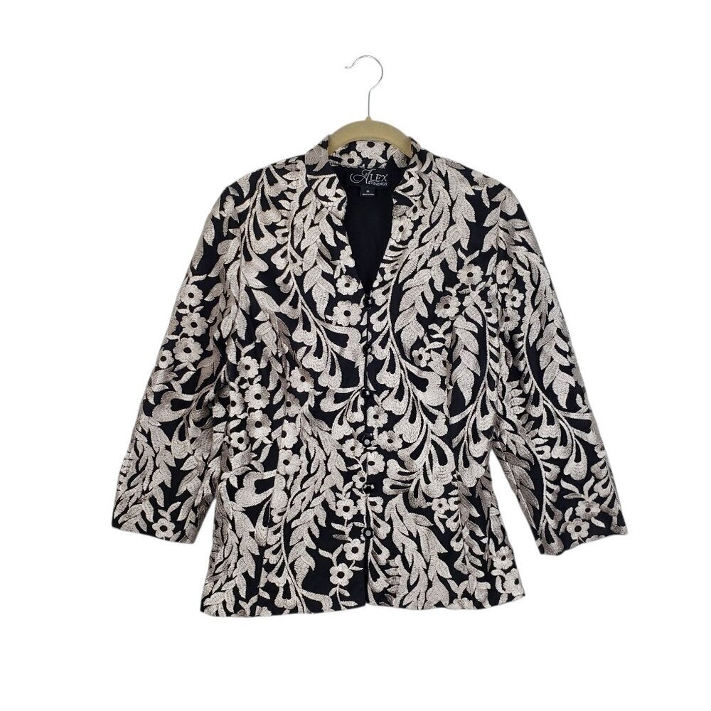 Alex Evenings Jacket Style Top Medium Black Silver Embroidered Mesh 3/4 Sleeve